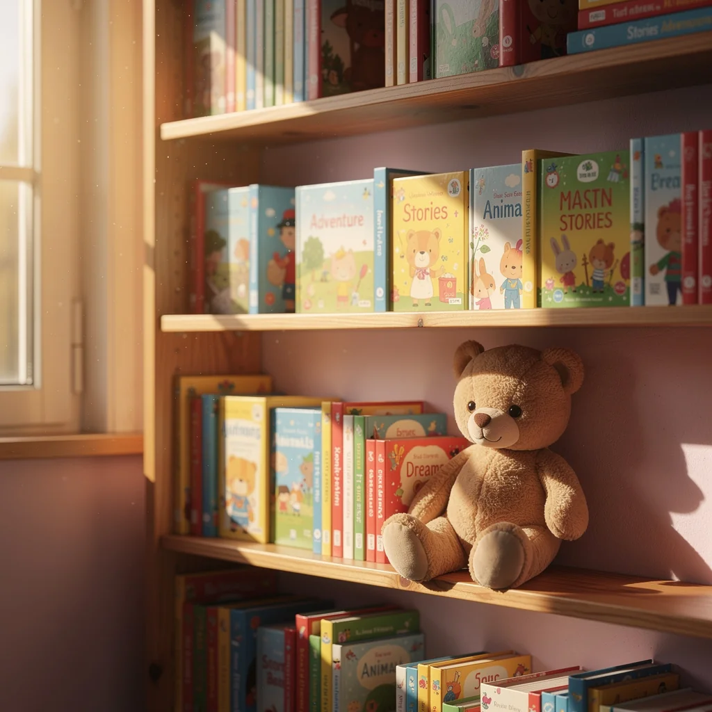 Cozy wooden bookshelf filled with children's books