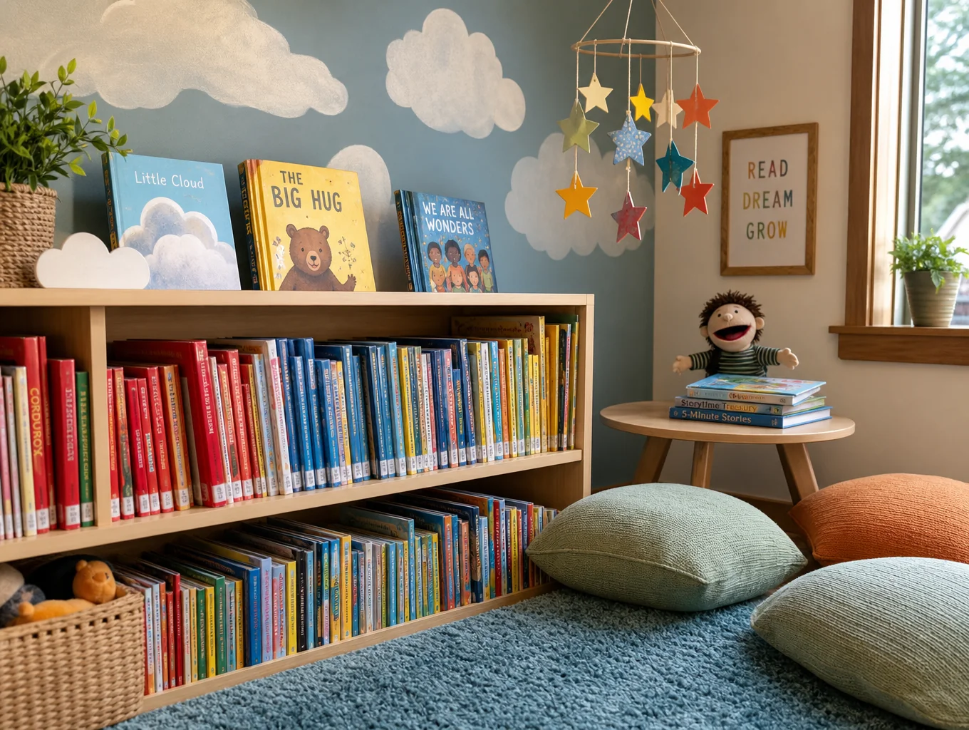 Warmly lit children's bookshelf