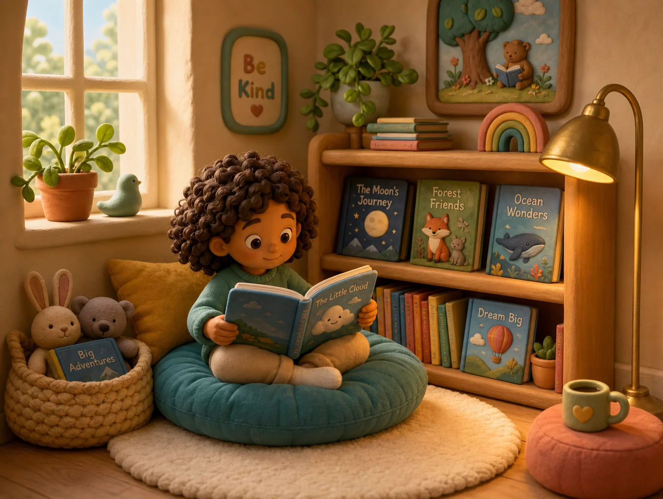 Cozy children's reading nook with soft lighting