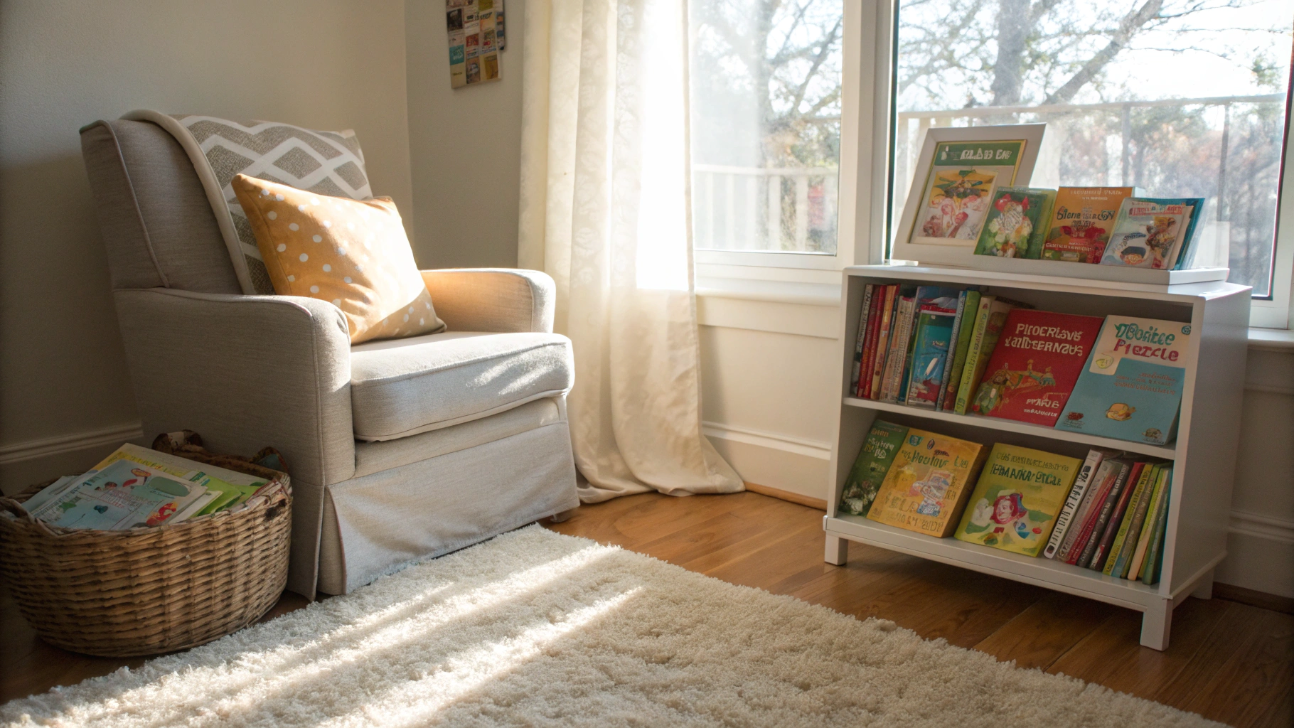 A sunlit corner of the bookstore featuring a small wooden chair and shelves filled with children's books