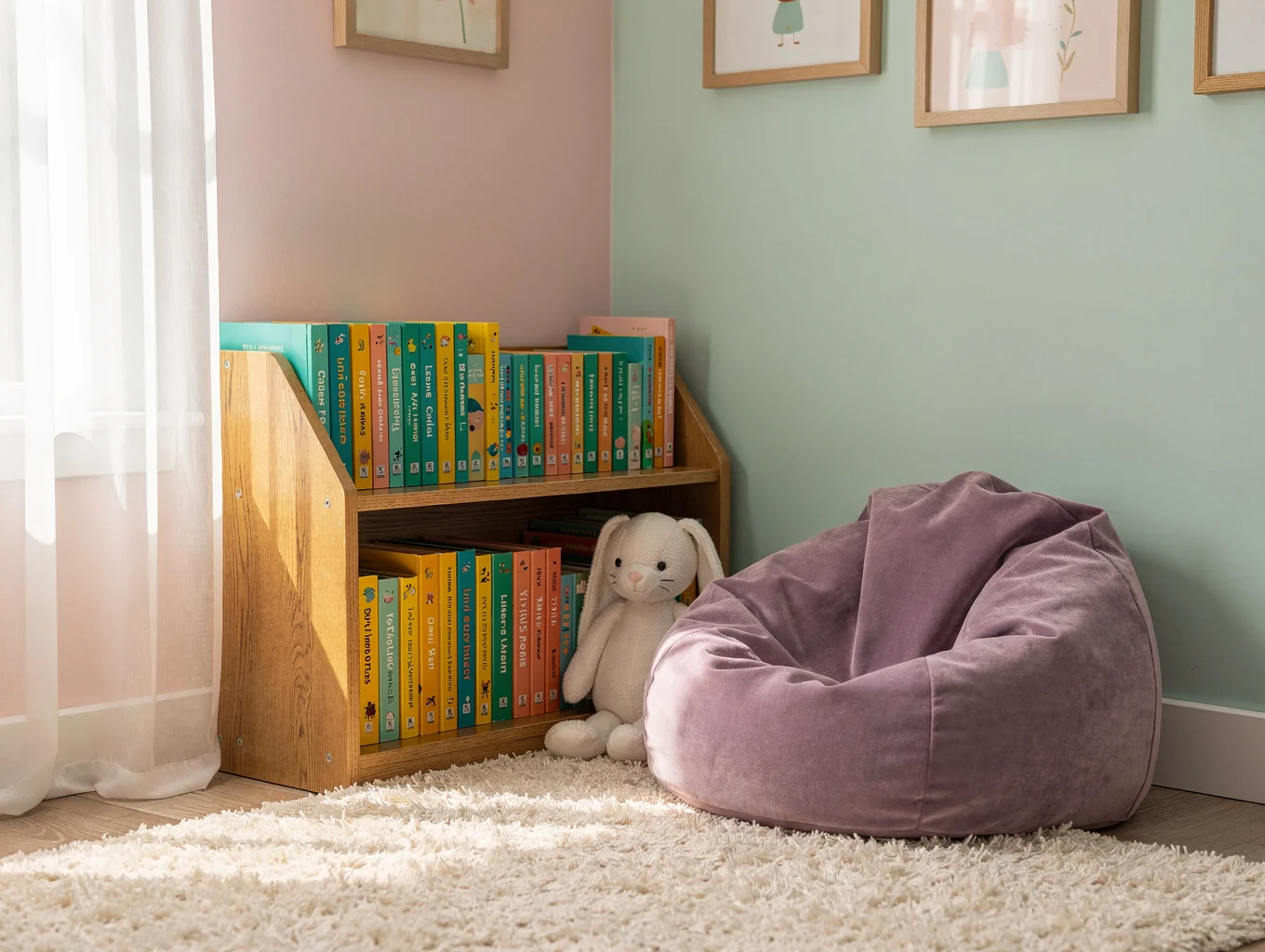 A cozy children's reading nook with soft lighting and books